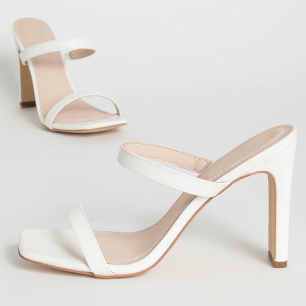 NEW🔥 White Square Open Toe Dual Strap Slide Mules Sandals High Heel Slip-On - Picture 4 of 5